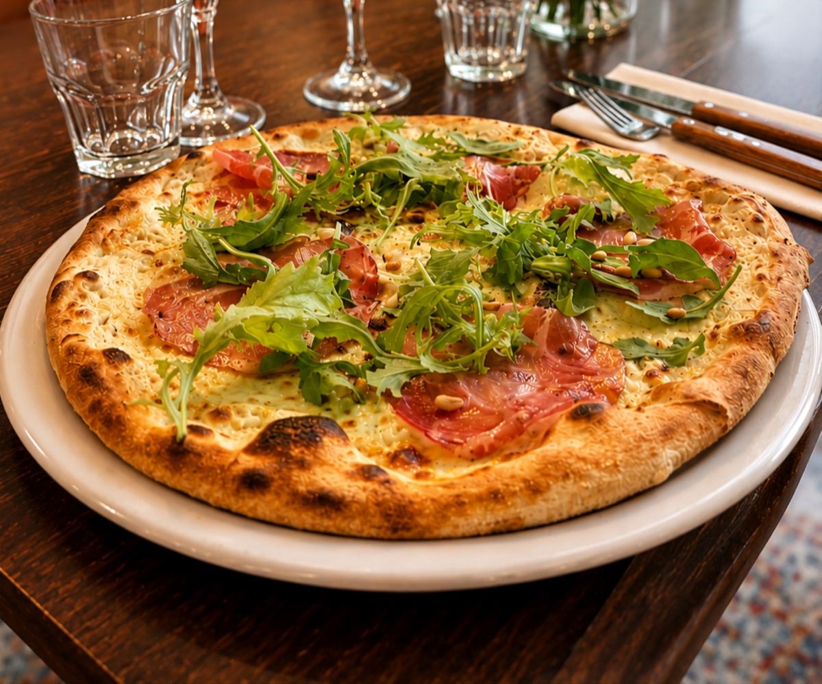 Pizza au speck, roquette et pignons