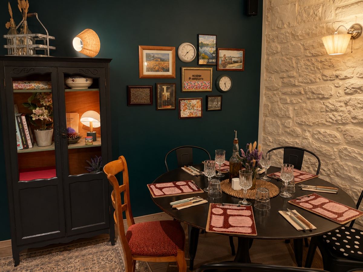 Table dressée devant le mur bleu