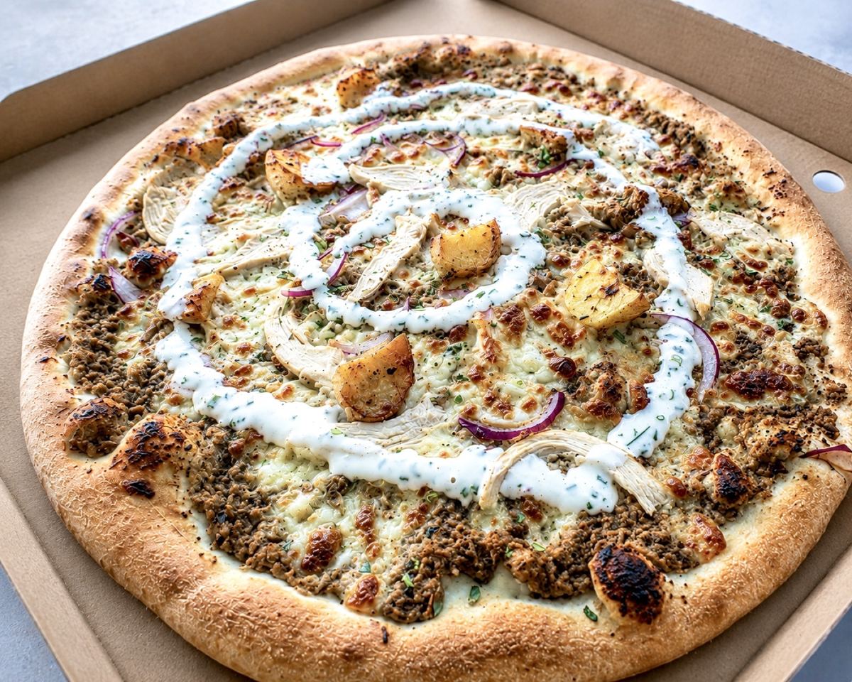 Pizza crème, pommes de terre et oignons rouges